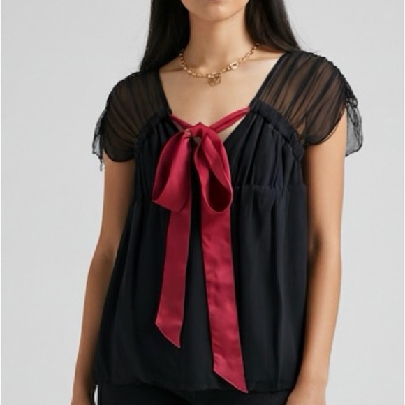 Club Monaco Tops - Club Monaco Black Silk Sheer Blouse Dark Fuchsia Bow Tie Front Size S